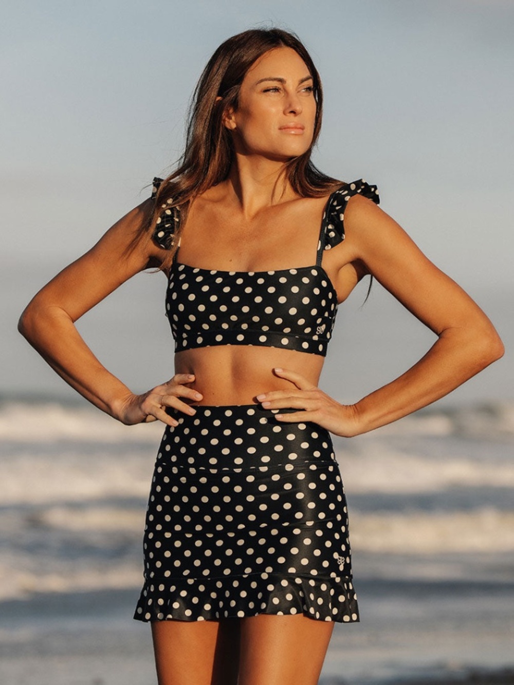 Albion Fit Black Polka Dot Bella Crop and High Waisted Swim Skirt